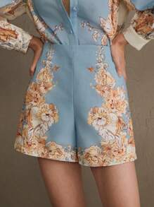 Anewsta 女士春节风格印花阔腿短裤 - 藍色 - 查看 4