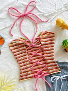 Soleia Women's Halter Backless Striped Fitted Knit Top Beach Vacation Outfits Spring Summer Outfits For Women - Multicolor - View 1