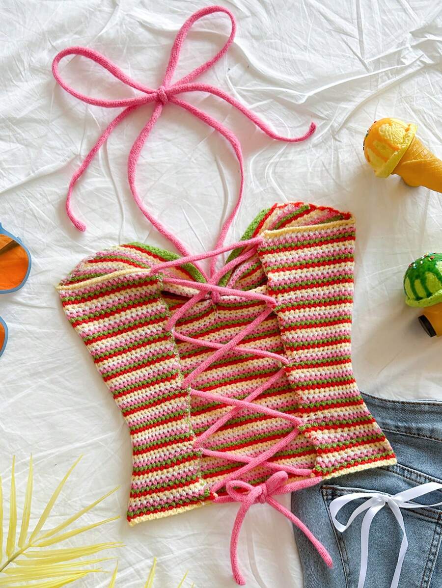 Soleia Women's Halter Backless Striped Fitted Knit Top Beach Vacation Outfits Spring Summer Outfits For Women - Multicolor - View 1