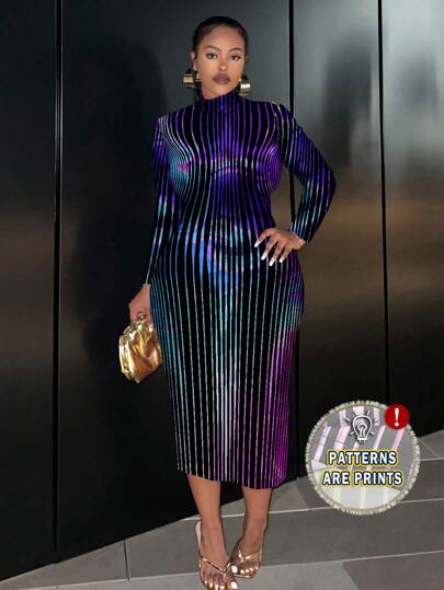 Slaydiva 极简主义艺术线条图案印花长袖圆领修身中长连衣裙，加大码，适合秋冬季节