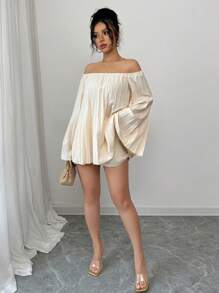 Elenzga Women Casual Romantic Ruched Off Shoulder Ruffled Two-Piece Set, Suitable For Vacation & Daily Wear Fall Cloth For Women