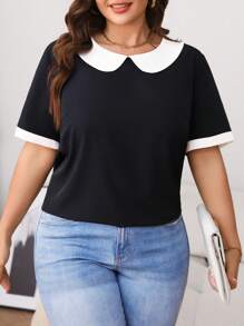 SHEIN LUNE Women's Versatile Slimming Color Block Peter Pan Collar Cuff Splicing Back Button Decor Detailed Short Sleeve Shirt - Black - View 4