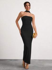 Glamine 米色露肩褶饰挂脖长裙、节日派对狂欢裙、约会夜服装、女士生日服装、情人节连衣裙 - 黑色 - 查看 5