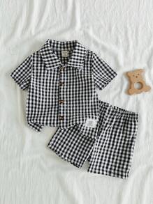 Vintaside Kids Baby Boy Holiday Outfits Christmas Casual Outfits Summer Two-Color Black And White Checkered Short-Sleeved Shirt Shorts Two Suits, Lapel Design Adds A Sense Of Formality