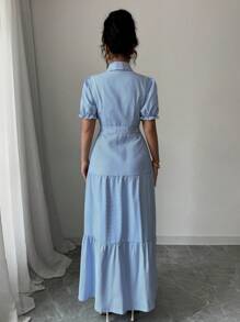 Elenzga Women's Striped Front Button Long Dress - Blue and White - View 2