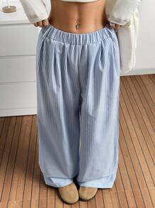 SHEIN EZwear Women's Elastic Waist Pocket Striped Minimalist Casual Long Pants, Daily Wear