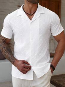 Manfinity Homme Plus Size Men's Casual Solid Color Textured Short Sleeve Shirt - Beige - View 4