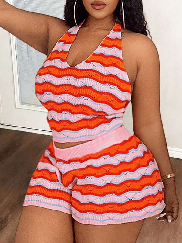 Slaydiva Nouveau ensemble 2025 Top à col ras-du-cou et short en crochet à rayures multicolores pour femmes - tenue décontractée de plage, vacances, printemps/été