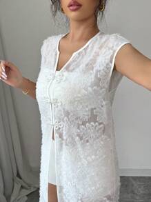 Elenzga 女式无袖纹理网眼雏菊毛茸茸透明优雅百搭衬衫 - 白色 - 查看 6