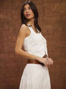 WESTFADE 夏季花卉刺绣 V 领钩眼扣前部无袖节日背心上衣纳什维尔风格 - 白色 - 查看 4