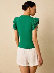 Poéselle Áo thun tay ngắn xếp nếp hai lớp dành cho nữ, áo crop top màu xanh lá cây, được làm bằng chất liệu thoải mái, có tay áo viền sóng thêu màu tương phản, thích hợp mặc khi đi nghỉ và mặc hàng ngày - màu xanh lá - Xem 3