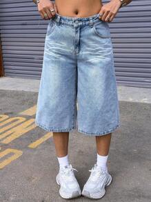 SHEIN Y2K Spring Summer Light Denim Cropped Long Shorts For Teen Girls, Loose Straight Leg Shorts, American High Street Summer New Low Waisted Slim And Wide Leg Mid Length Pants