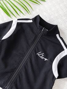 SHEIN Babyboy/Babygirl Colorblock Casual Sports Short Sleeve Jacket With Elastic Waist Colorblock Shorts Set, Summer