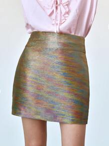 SHEIN LUNE 女式闪亮亮片裙性感可爱迷你裙，女式夏季，纹理面料，派对裙 - 金色 - 查看 1