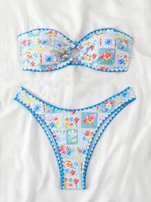 Swim Vcay 女士春假 2 件花卉印花纹理无肩带比基尼泳装套装，优雅假日休闲派对，适合夏季海滩度假 - 彩色 - 查看 4