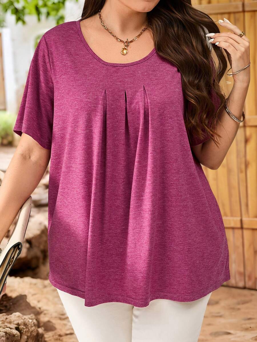EMERY ROSE 大码女式圆领短袖休闲上衣，日常穿着，女士夏季服装 - 中紫紅色 - 查看 1