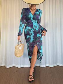 Breezaya Women V-Neck Long Sleeve Floral Print Split Hem Fitted Dress