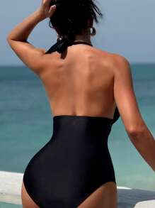 1 件优雅黑色简约女式连体泳衣，深 V 领，金色点缀，露背，海滩和度假风格，适合夏季 - 黑色 - 查看 2