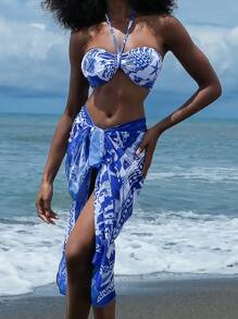 Slaydiva 3pcs Women's Swimsuit Set, Spring Break Style, Starfish & Seashell Print, Strapless, Drawstring Waist Skirt, Fashionable Casual Beach Vacation