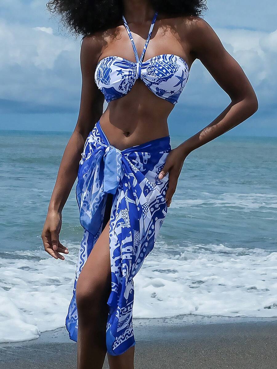 Slaydiva 3pcs Women's Swimsuit Set, Spring Break Style, Starfish & Seashell Print, Strapless, Drawstring Waist Skirt, Fashionable Casual Beach Vacation