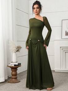 Modelyn V-Neck Ruched Waist Women Extra Long Dress, Urban Elegant Women Extra Long Dress,Summer Outfits For Women,Mesh Dress