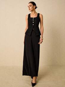 Poéselle Conjunto elegante de 2 piezas para mujer, compuesto por un chaleco de cuello cuadrado de una sola hilera y una falda midi plisada