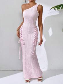 SHEIN Unity Elegant Nobility Sexy Oblique Shoulder Waist Fitting Party Cocktail Dress - Pink - View 1