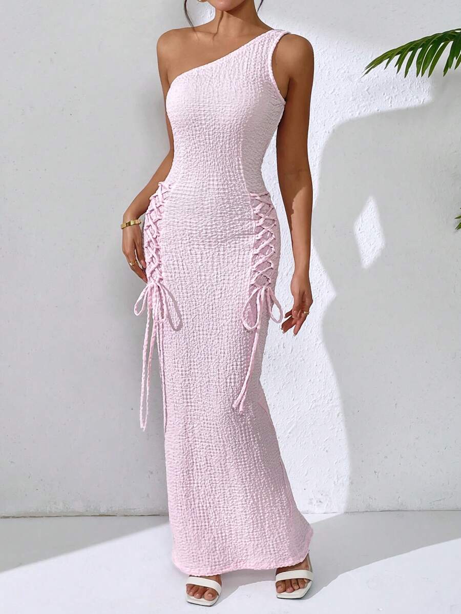SHEIN Unity Elegant Nobility Sexy Oblique Shoulder Waist Fitting Party Cocktail Dress - Pink - View 1