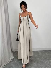 Rafferiza Women's Summer Color Block Spaghetti Strap Backless Dress - Apricot - View 4