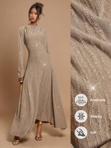 COSMINA Women's Round Neck Long Sleeve Sequin Asymmetric Hem Elegant Dress - Brown - View 6