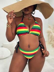 SHEIN Slayr CURVE Plus Size Women's Colorful Striped Print Halter Tie Bikini Set, Sexy Vacation Style Two Pieces Swimwear - Multicolor - View 1