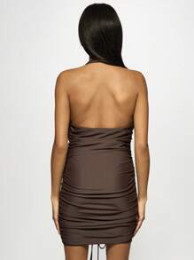 MISSGUIDED Deep Plunge Halter Neck Ruched Mini Club Party Dress Bodycon Evening Dance Formal Night Out Dress Y2K Fashion - Coffee Brown - View 2