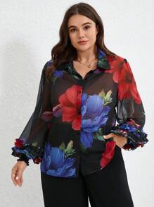 Aveloria Modichic Plus Size Chiffon Splicing Colorful Floral Print Layered Ruffled Cuff Long Sleeve Blouse, Elegant Design Fall Cloth For Women - Multicolor - View 6