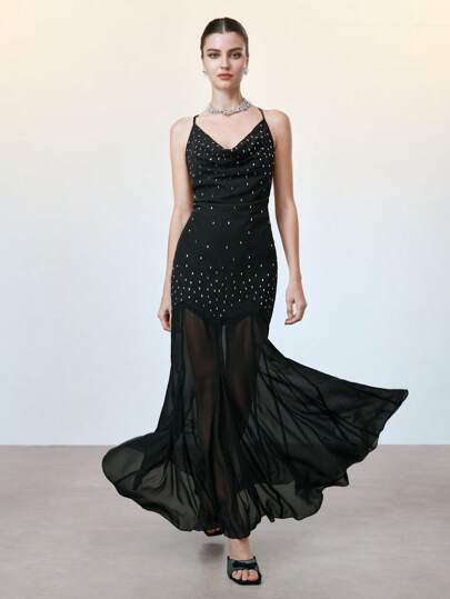 Chiquease Women's Glamorous Fashion Rhinestone Chiffon Fishtail Maxi Dress,Formal Dresses For Women,Dresses For Women Elegant,Dresses For Women,Maxi Dresses For Women,Wedding Guest Dress Women,Black Dress