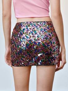 SHEIN LUNE 女士性感低腰闪亮亮片修身迷你裙 - 彩色 - 查看 2