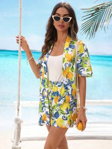 SHEIN VCAY Bộ 2 áo đi biển thường ngày cho nữ và quần short lưng thun - Nhiều màu - Xem 6