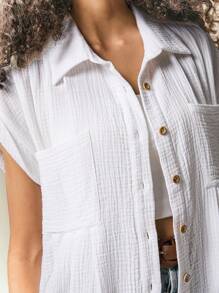 Poéselle Women's Casual Short Sleeve White Button Up Shirt, Minimalist Summer Plain Blouse, Fashionable Daily Wear Holiday, Beach Vacation & Spring Break - White - View 1