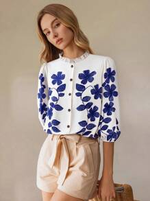SHEIN Clasi Camicia donna a maniche lunghe con bottoni, con stampa floreale e rifiniture arricciate, adatta per vacanze