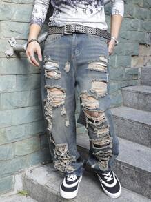 Manfinity EMRG Men's Casual Loose Fit Ripped Pocket Detail Wide Leg Jeans - Medium Wash - View 4