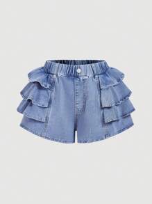 SHEIN MOD Women's Layered Ruffle Hem Casual Denim Shorts