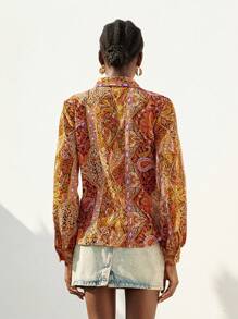 Aveloria Modichic Blusa de mujer de estilo bohemio nómada con estampado, cuello vuelto y manga larga