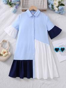 SHEIN Vestido ajustado con mangas de volantes, recortes y volantes para niñas preadolescentes en color liso, casual, adecuado para volver al colegio y uso diario