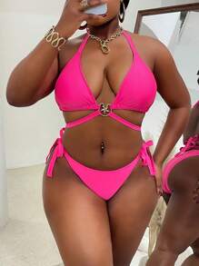 SHEIN X Sofía Suescun Swim SXY Plus Size Women 2 Pieces Solid Color Halter Tie-Strap Starfish Decor Bikini Set, Sexy Vacation Summer Beach Swimwear