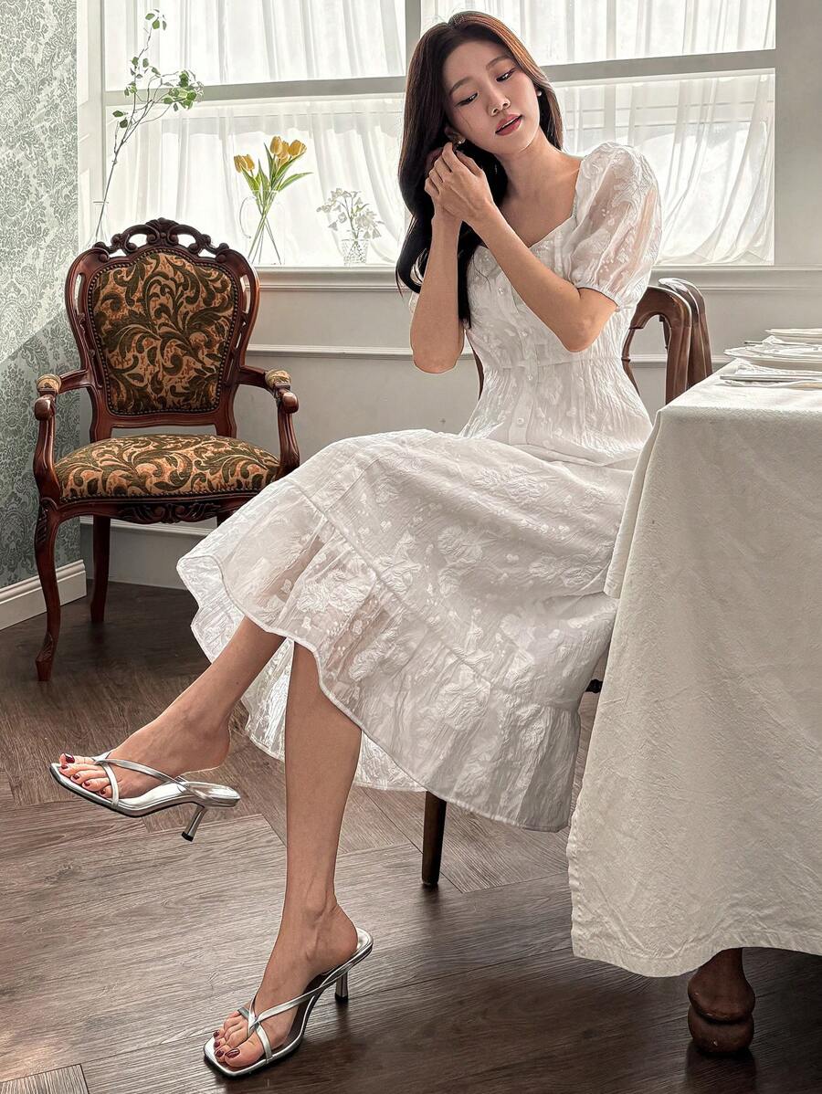 DAZY 女士蕾丝领美人鱼长款中长连衣裙,荷叶边 - 米色 - 查看 1