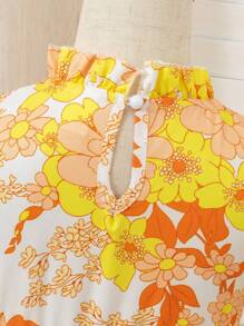 Vestido de niña con cuello de gota con volantes elegantes, sin mangas, de patchwork con lunares y estampado floral pequeño, adecuado para uso al aire en el campo - Amarillo - Ver 4