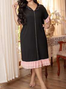 Côtesoire Plus Size Women's Contrast Color Mesh Patchwork Ruffle Hem Loose Night Dress