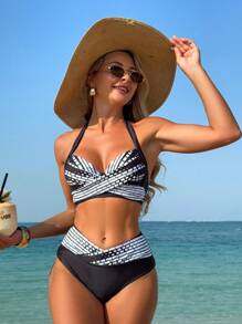 Swim Lushoire Conjunto de traje de baño con decoración anudada y rayas para mujer, ideal para playa y resort