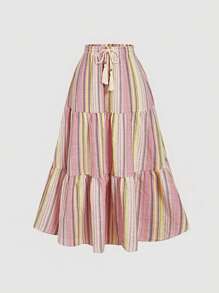 SHEIN MOD Plus Size Pink Striped Women Skirt, A-Line, Beach Vacation