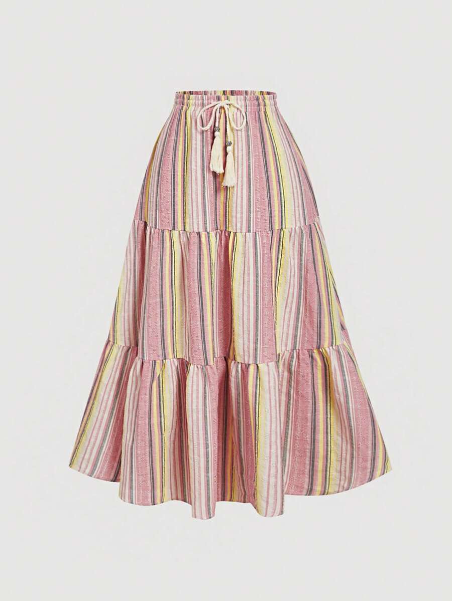 SHEIN MOD Plus Size Pink Striped Women Skirt, A-Line, Beach Vacation