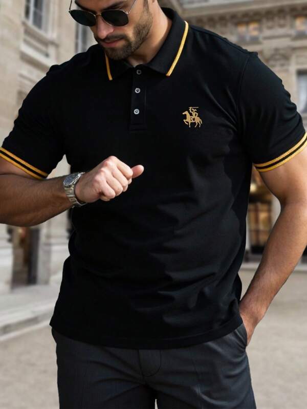 Manfinity Homme Plus Size Men's Solid Color Patchwork Front Button Casual Polo Shirt